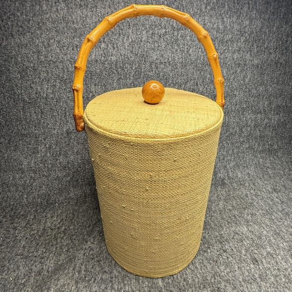 Vintage Wicker Ice Bucket Faux Bamboo Handle Mid Century Barware 15" Tall Retro - Picture 1 of 12